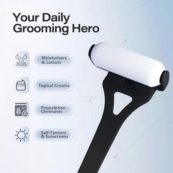 Back Lotion Applicator with Long Handle, 4 Reusable Foam Rollers & Foldable Design for Easy Self-Application, Black Black