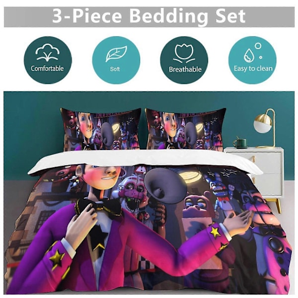 v1205 Five Nightat Freddy Täcke Set Tjockt Mjukt 3-delars Sängklädesset Året Runt Täcke med 2 Örngott för Vuxna Kvinnor Flickor Tonåringar Hemrum 135x200cm 53x78in