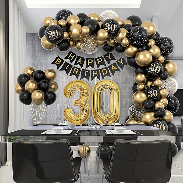 30-vuotissyntymäpäivän koristeet, 30-vuotiaan miehen naisten juhlien syntymäpäiväkoristeet, Happy Birthday -kyltti, ilmapallo, musta-kultakoriste