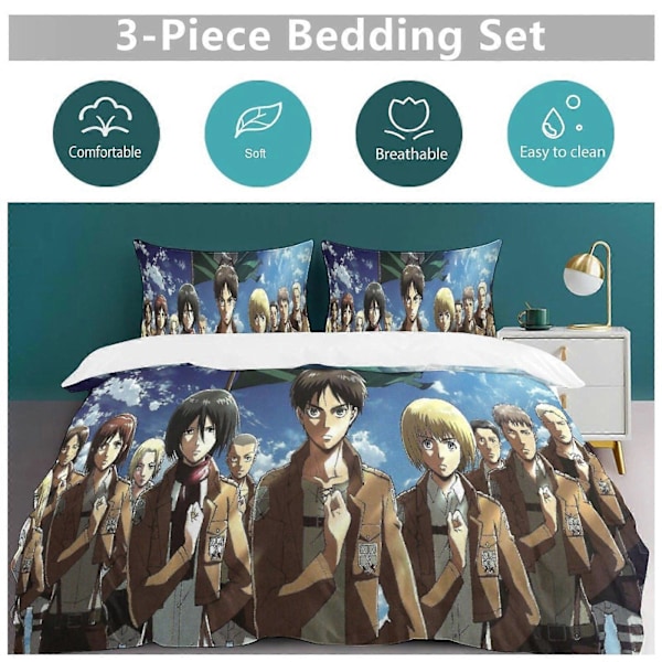 v1026 Attack On Titan Täcke Set Tjockt Mjukt 3 Delars Sängklädesset Året Runt Täcke med 2 Örngott för Vuxna Kvinnor Flickor Tonåringar Hem Rum Deco 135x200cm 53x78in