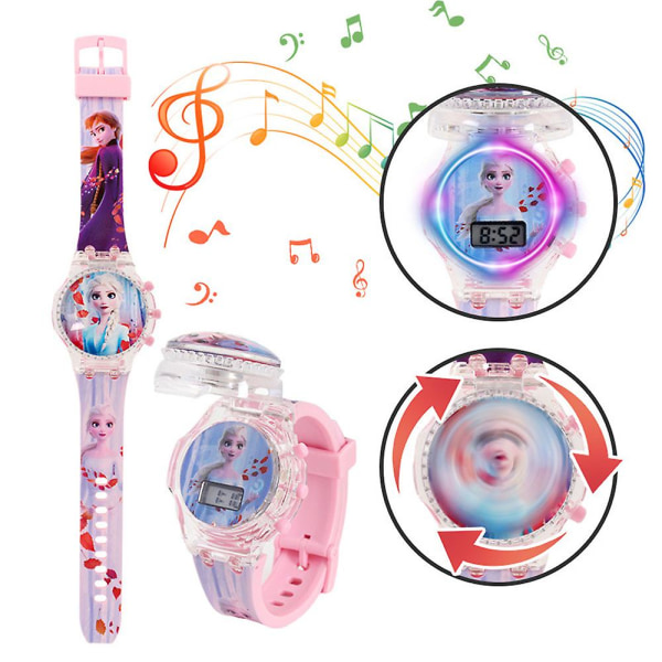 Barn Barn Cartoon Klocka Blinkande Ljus Upp Glow Digital Musikal Klockor Snurrande Topp Flip Cover Armbandsur Leksak Frozen