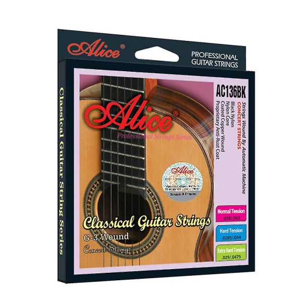 Alice Ac136bk-h Svart Nylon Klassiske Gitarstrenger 6stk/sett (.0285-.044) Hard Tension Med En Gratis G-3. Streng