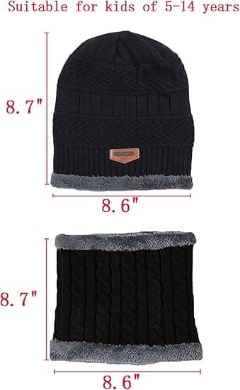 2 st Barn Vinter Stickade Mössor+Halsduk Set Varmt Fleece Foder Mössa för 5-14 År Gamla Pojkar Flickor