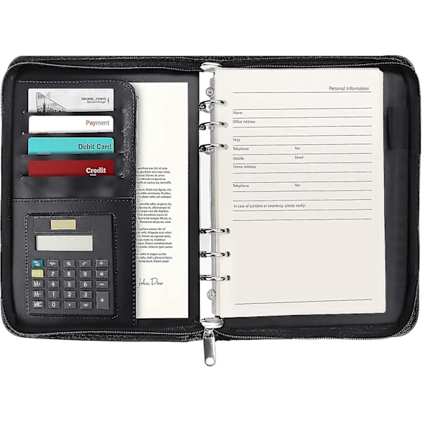 A5 Zipped Conference Folder - Svart Personlig/arbetsorganisatör - Business Travel Portfolio Folder Med Ringpärm, Kalkylator, Påfyllningsbara Anteckningsblockssidor