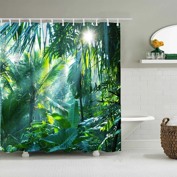 Skovgrønt bruseforhæng 180 x 200 cm bananblad bruseforhæng tropisk jungle palmeblad med 12 vandtætte polyesterkroge og skimmelresistent
