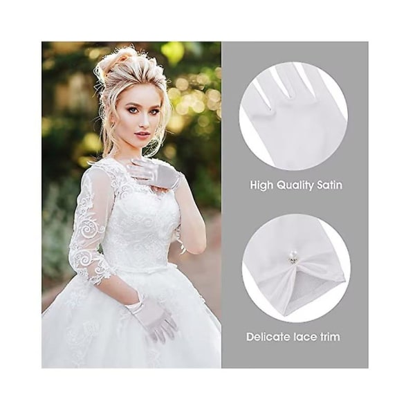 Eleganta korta handskar för damer för brudblommiga handledshandskar med tillstånd sommarhandskar för bröllopsoperamiddag (2 par, vit)