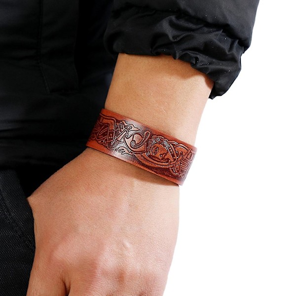 Retro Relief Mønster Læder Armbånd Punk Stil Mænd Manchet Justerbar Armbånd Dark brown