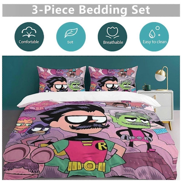 x85 Teen Titans Go 3-delat Sängklädesset Varmt och Bekvämt Mjukt Påslakanset med 1 Påslakan och 2 Örngott för Sovrum b85 240x260cm 94x102in