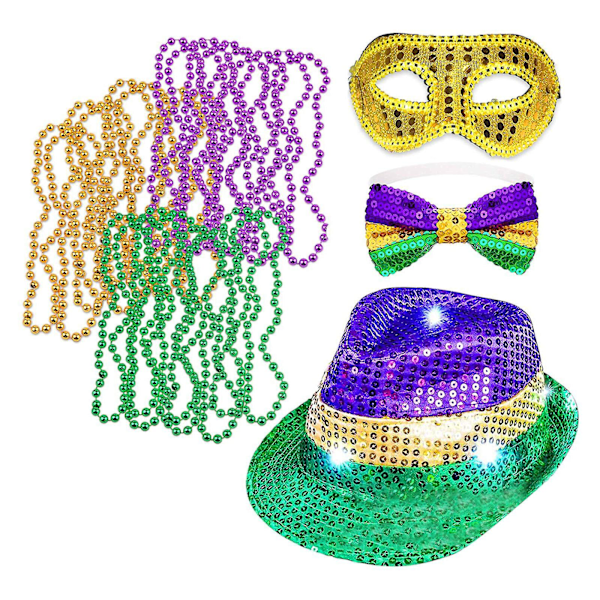 Vuxen LED Light Up Mardi Gras Fedora, Mardi Gras Kostymtillbehör Med Pärlhalsband, Fluga, Hängslen Och Mask