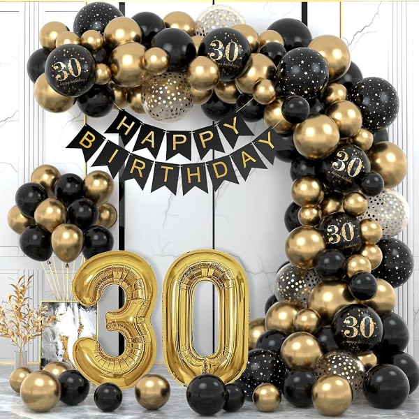 30th Birthday Decoration, 30th Man Women Party Birthday Decorations, Happy Birthday Garland Balloon Black Gold Decoration