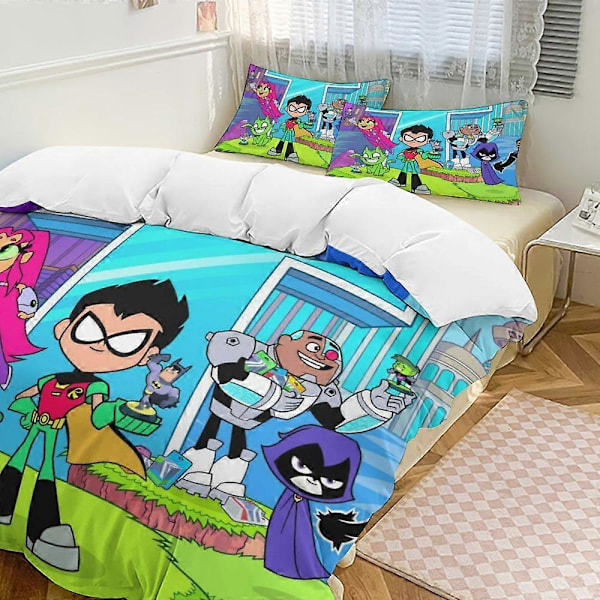 x132 Teen Titans Go 3-delt sengetøjssæt Varmt og behageligt blødt dynebetræk sengetøjssæt med 1 dynebetræk og 2 pudebetræk til soveværelse b132 135x200cm 53x78in