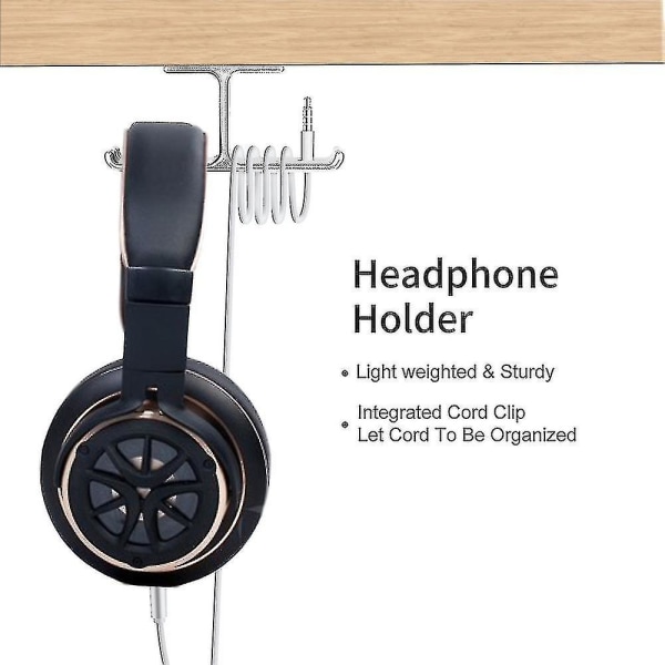 Headset-holder, Hovedtelefoner Stativ Hanger Krog Aluminium Stick-on Lim Under Desk Dual Silver