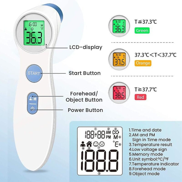Lääketieteellinen otsalämpömittari kuumeen mittaamiseen, tarkka suoraan luettava digitaalinen otsalämpömittari LCD-näytöllä koko perheelle 153*41*44mm W