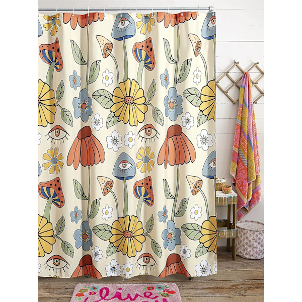 180*180cm Retro 70-tals Duschdraperi Psykedelisk Blommig Gul och Orange Funky Svampar Blommor och