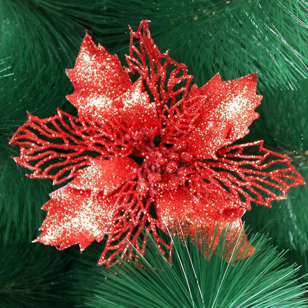 6st konstgjord julstjärna blommor julgransdekoration prydnad glittrande ihåliga blommor för hem fönsterdörr