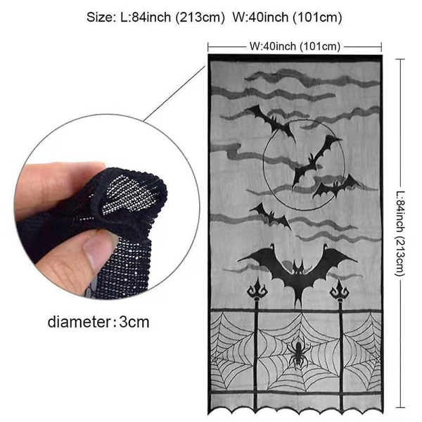 Skelett fladdermöss spindelnät gardiner Halloween dörröverdrag svart spets fönstergardin läskig fest semester inomhus utomhus dekoration Bat