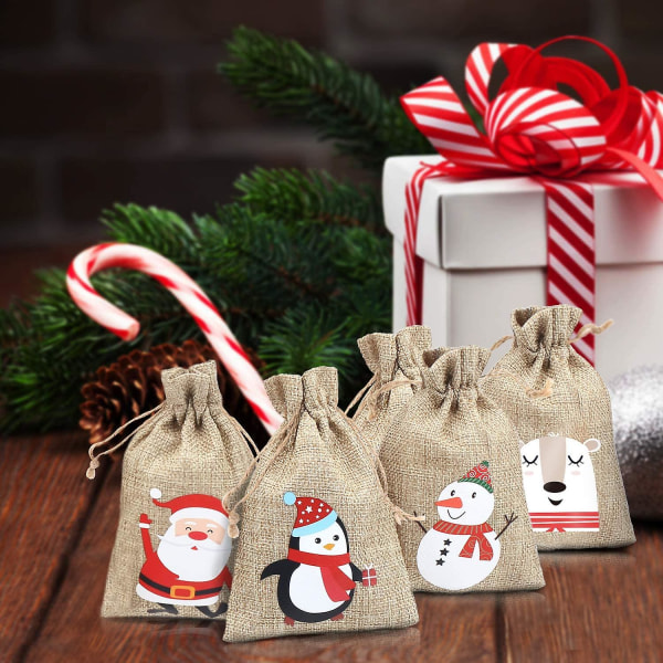 12 stk. Jule Jute Burlap Tasker Xmas Jute Linned Burlap Snøregave