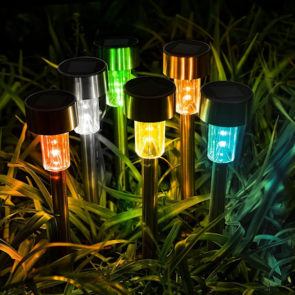 Solcellelamper til udendørs brug, vandtætte, 12 stk., LED-solcellelamper i rustfrit stål til terrasse, græsplæne, have og landskab, koldt hvidt Color Change