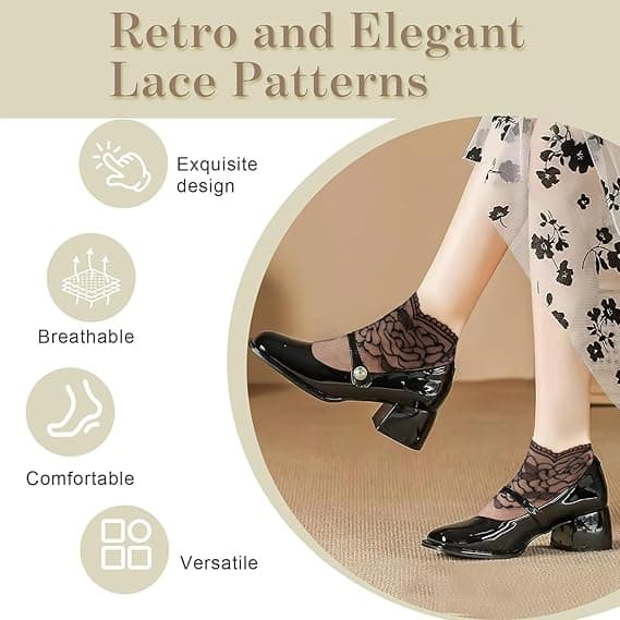 Pakke med 10 par gennemsigtige blondestrømper, Pop Socks til kvinder, tynde og elastiske absorberende og åndbare netstrømper, størrelser 3 til 7.