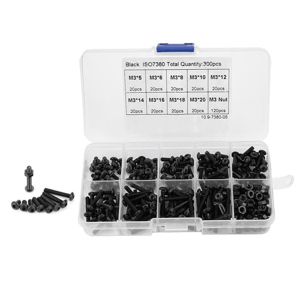 300 pcs M3 Black 10.9 Grade Button Head Hex Socket Screw Bolt Nut Assortment Kit 0.1