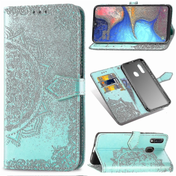 Samsung Galaxy A20e -kotelo Nahkainen lompakkokotelo Kohokuvioitu Mandala Magneettinen läppäsuoja Iskunkestävä - Vihreä