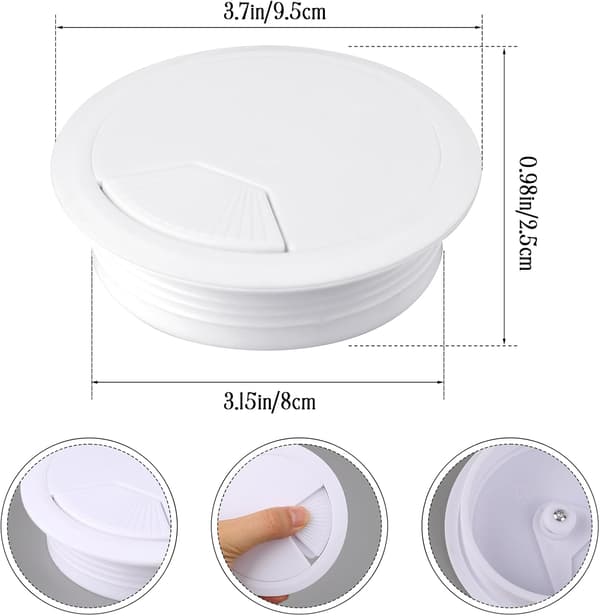 Sett med 2 hvite 80 mm (3,15 tommer) kabelgjennomføringer for kontor, med kabeldeksler og deksler for kabel- og ledningshåndtering.