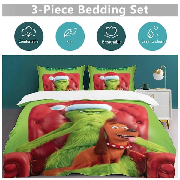 Grinch Sängkläder Set Påslakan Bekvämt och Lättviktigt Tecknat Sängkläder 3 Delars Sängset Enkel(1 Påslakan och 2 Örngott) hn559 240x260cm 94x102in