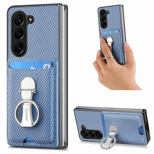 Z Fold 5 Leather Case, Wallet Case Compatible Samsung Galaxy Z Fold 5 With Ring Holder Finger Grip & Card Slot Blue