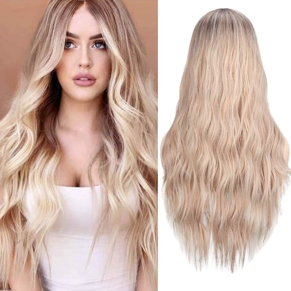 Damperuk naturligt hår Ljusblont långa lockiga peruker för kvinnor, ny Ombre Blond 2 Tone Synthetic