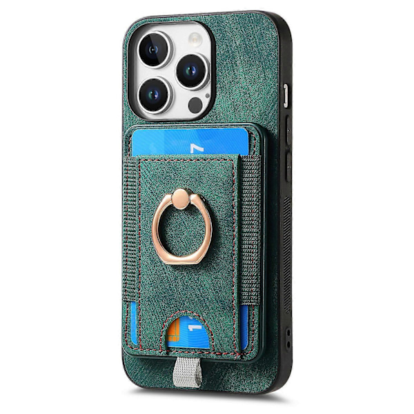 D7 Magnetisk Case til iPhone 16 Pro med Kortlomme, Ring-Stativ og PU Læder - Multicolor Green
