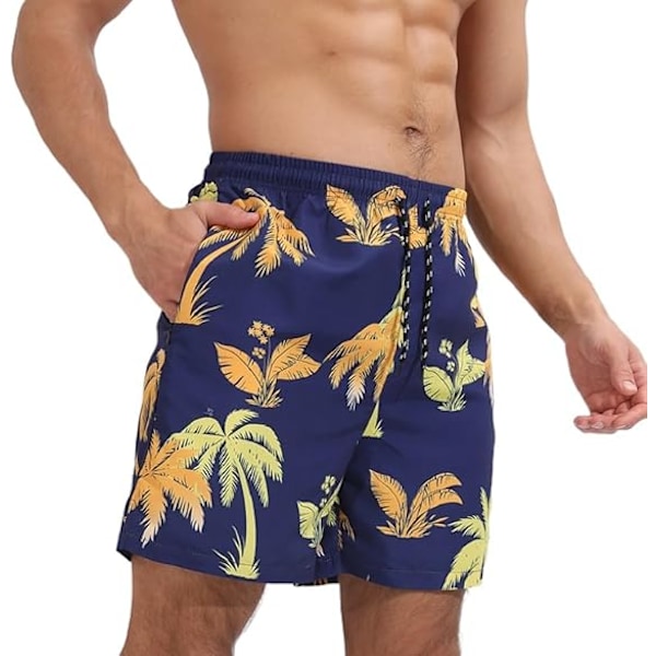 2-i-1 badeshorts for menn med kompresjonsfôr, hurtigtørkende badeshorts med glidelåslommer M Dark Blue Yellow Coconut