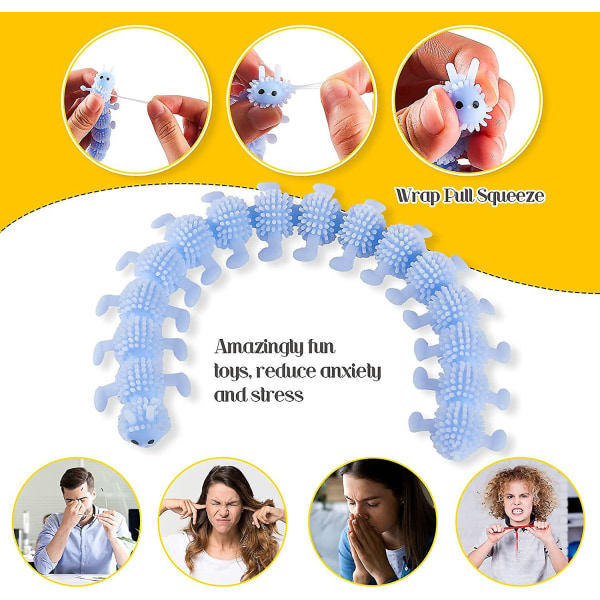 6 stk. Lysende Caterpillar Fidget Sensorisk Leke for Angst, Stressavlastning Fuzzy Stretchy Worm Glow In The Dark Noodle