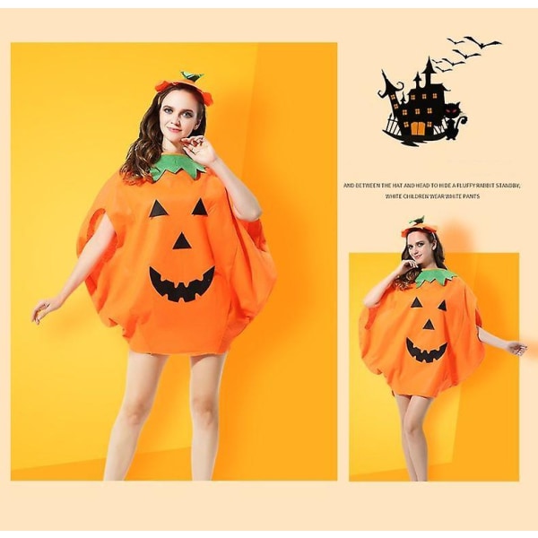 Halloween-lasten ja aikuisten cosplay-kurpitsavaatteet + hattu/vaatteet + hattu + laukku (satunnainen tyyli) esityspaketti Adult Clothes Hat