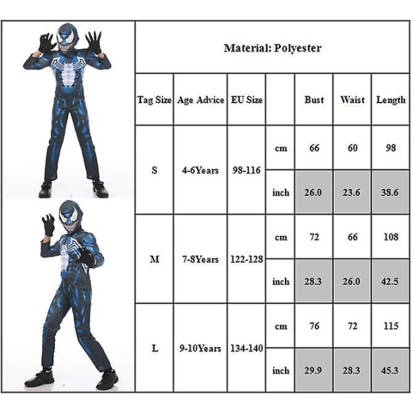 Lasten poikien ja tyttöjen Venom Cosplay -juhla-asu Halloween-naamiaispuku + naamio + käsineet -asukokonaisuus lahjoja 4-10-vuotiaille 9-10 Years