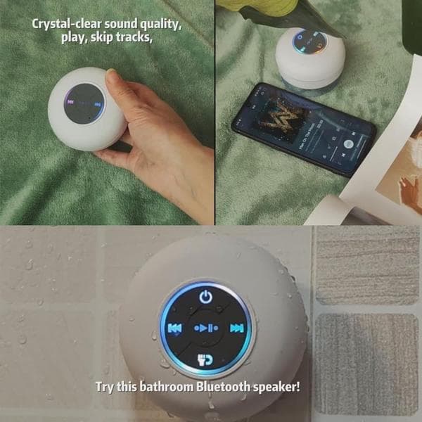 Waterproof Speaker for Shower - Bluetooth with LED, IPX4, Portable Mini Speaker with Suction Cup and Built-in Microphone White white