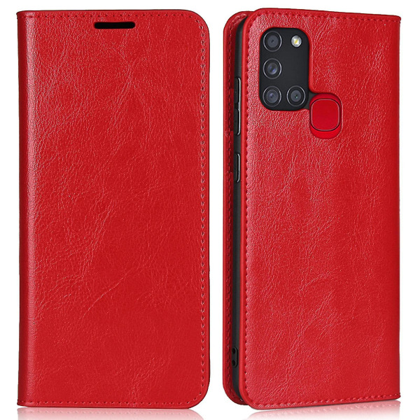 Crazy Horse Surface Äkta case för Samsung Galaxy A21s, plånboksstativ Skyddsbok Flip Folio Cover Red