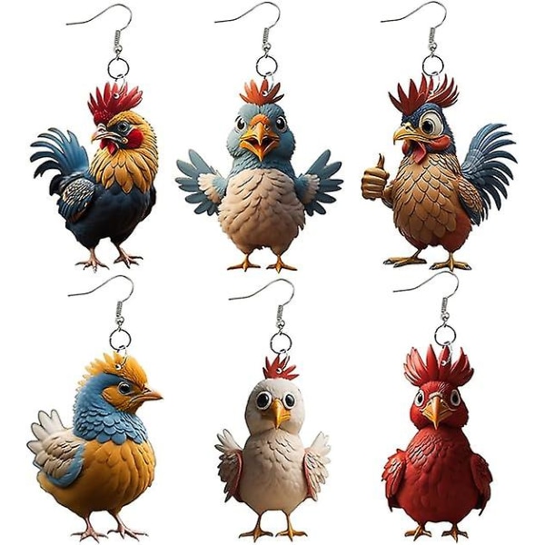 Akryl tuppkrok örhängen, julklappsdekoration akryl tecknad höna kyckling örhängen Söt gård kyckling smycken 6colors 6pcs