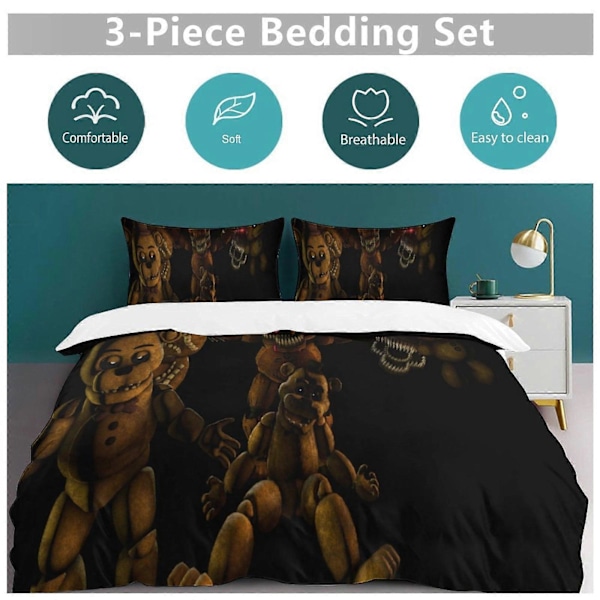 v1511 Five Nightat Freddy Täcke Set Tjockt Mjukt 3-delars Sängklädesset Året Runt Täcke med 2 Örngott för Vuxna Kvinnor Flickor Tonåringar Hemrum 240x260cm 94x102in