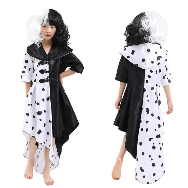 Cruella Deville Cosplay Costume For Kids Girls Halloween Outfits Hooded Dress With Gloves 5-7 Years