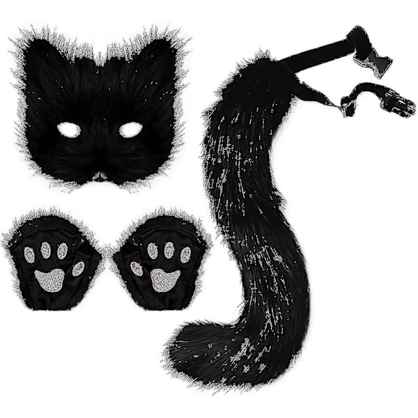 Rion Faux Fur Fox Svans Katt Varg Cosplay Kostym Set Plysch Mask Fluffy Tass Handskar Halloween Jul Black