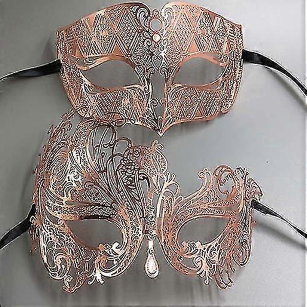 Svart Silver Guld Metall Filigran Laser Skuren Par Venetian Mask Bröllop Boll Mask Halloween Maskerad Kostym Masker Set Rose Gold