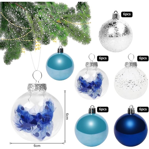 Blå julekuler, juletrepynt, plastdekorasjonskuler 6 cm, tradisjonell julepynt, pakke med 30 stk