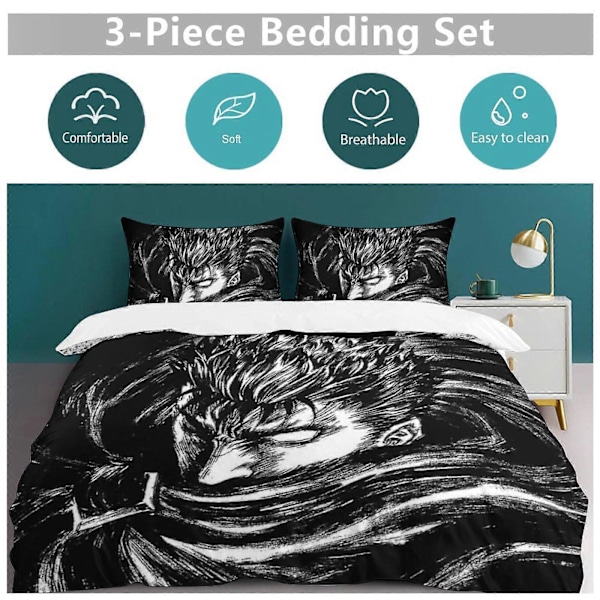 x421 Anime Berserk 3-delt sengesett Varmt og komfortabelt mykt dynetrekk sengesett med 1 dynetrekk og 2 putetrekk for soverom b421 200x200cm 78x78in