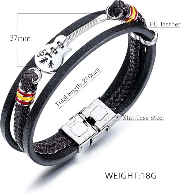 Flätat läderarmband för män, gitarrstil i rostfritt stål med säkerhetslås, svart