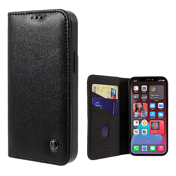 Gebei Kala -sarjan nahkapuhelinkuoret hullun hevosen tekstuurilla, korttipidikkeellä ja telineellä iPhone 12 Mini -puhelimelle Black