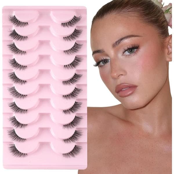 False Eyelashes with Transparent Band, Half Lashes, Natural Look, 10 Pairs Cat Eye, Thin Corner Lashes