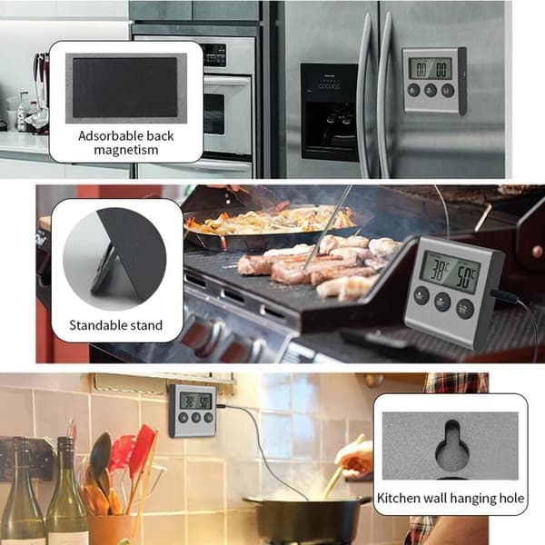 Kødtermometer - Køkkentermometer - Rustfrit stål - Digital - Grilltermometer - Med timer - Magnetisk - Termometer også velegnet til kød, grill, ovn