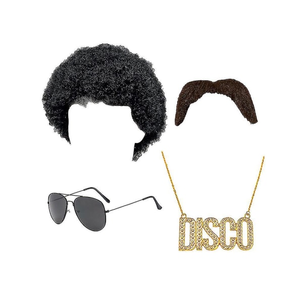 Lockig hår peruk mössa peruk + guldkedja + skägg + solglasögon klä upp kostym 70-talets retro discofest klä upp - Jxlgv E