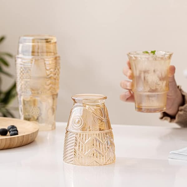 Sæt med 4 sammenklappelige glaskopper, karpemønster, til vand, drinks, te, kaffe osv. (Guld)