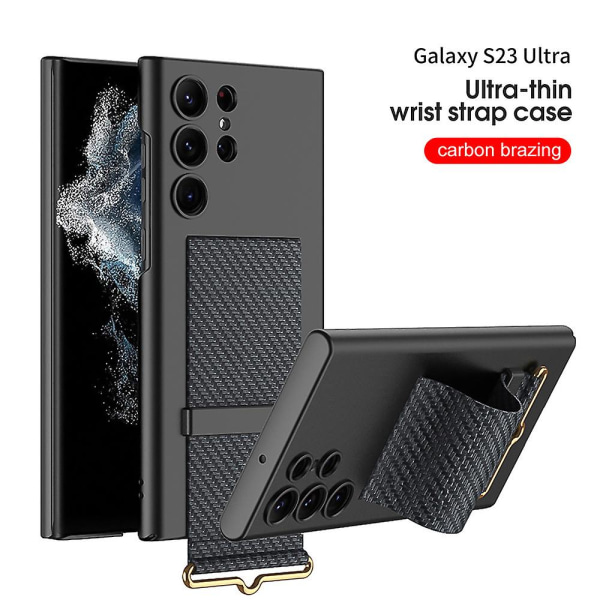 Fodral Kompatibel Samsung Galaxy S23 Ultra/s23+/s23 Med Läderhandledsrem Stativ Repskydd Stöttålig Carbon black for S23